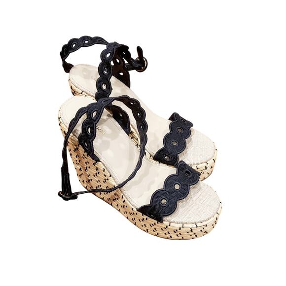 Larroude Florence Broderie Wedge Sandal in Beige and Black Raffia Size 9 - Picture 2 of 11